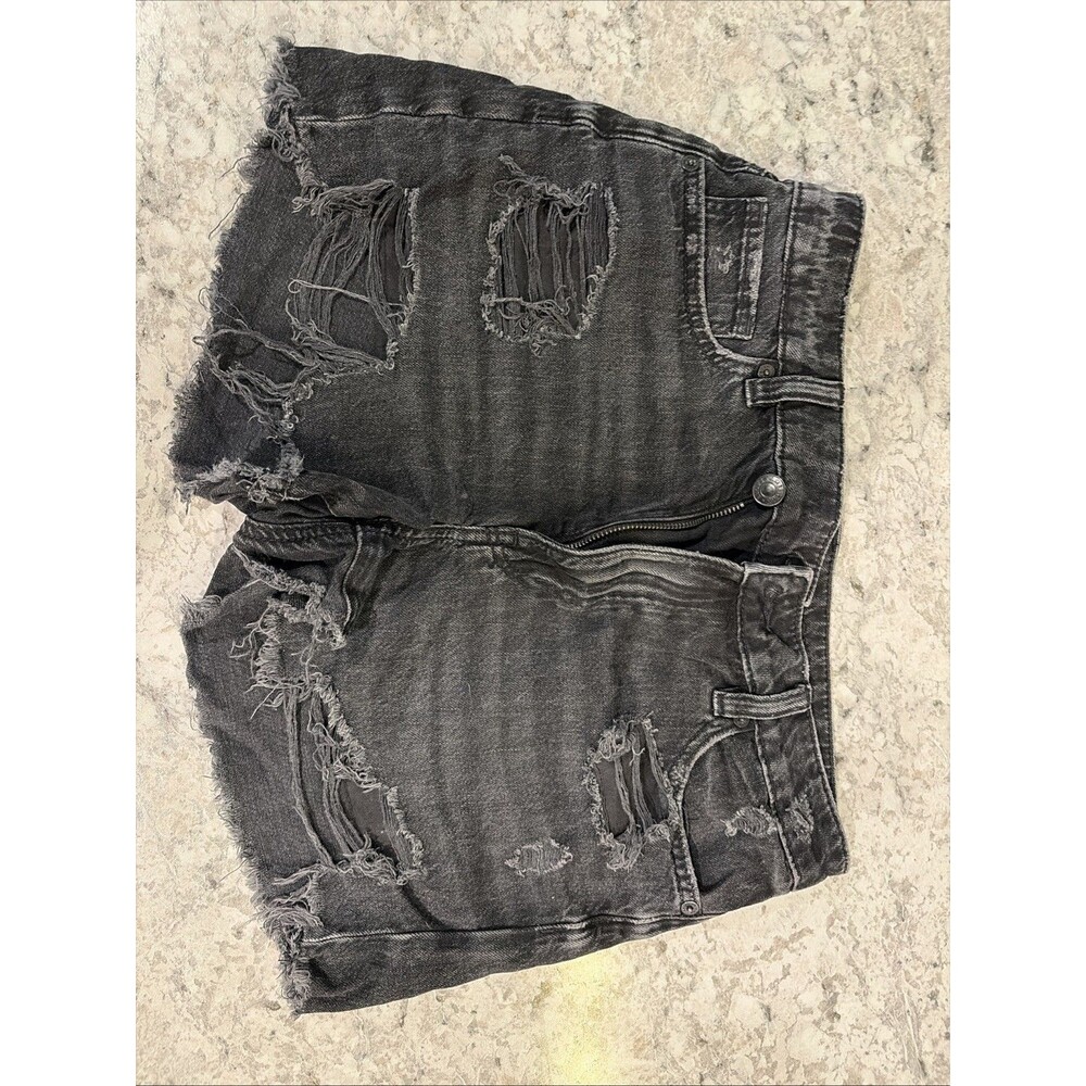 0758 High-Rise Distressed Black Denim Shorts; Size 2